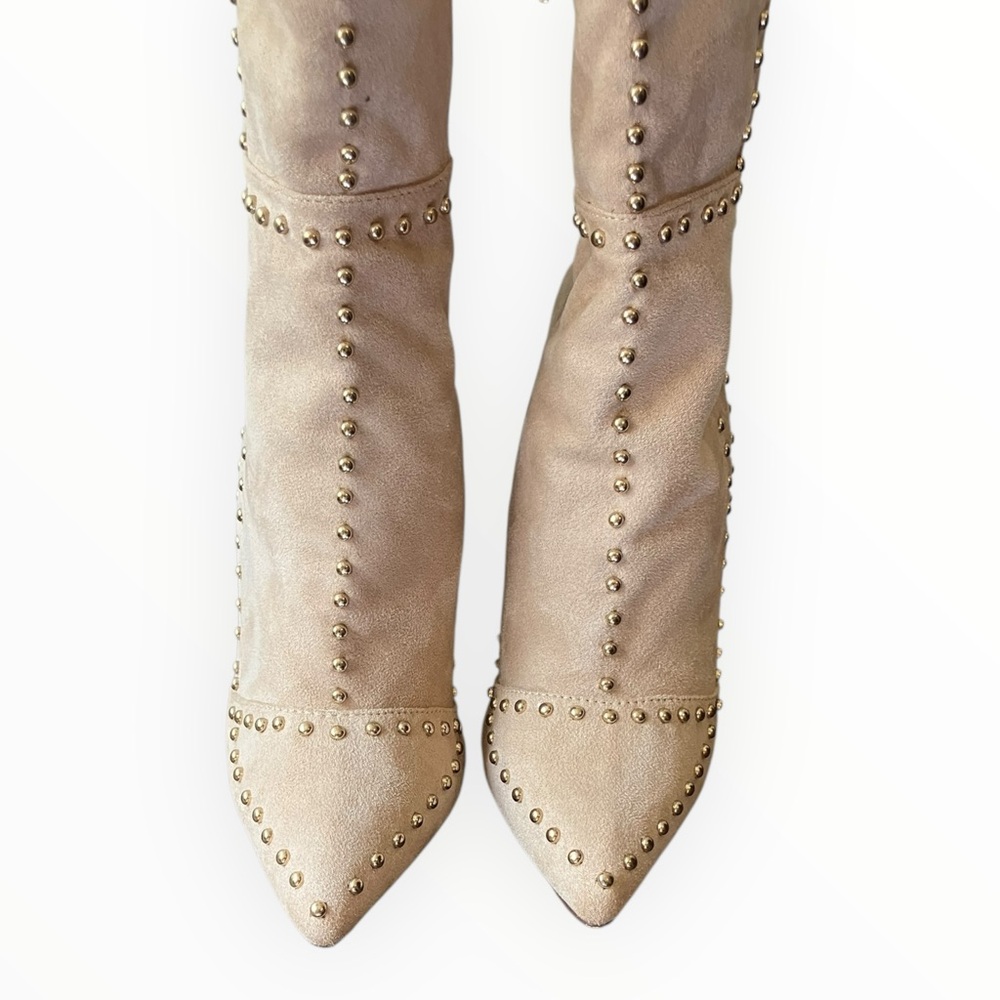 Olivia Ferguson Studded Faux Suede Stiletto Boots 8.5 Nude Tan High Heel Booties - Picture 3 of 5